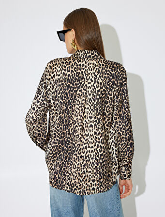 Leopar Saten Gömlek Uzun Kollu