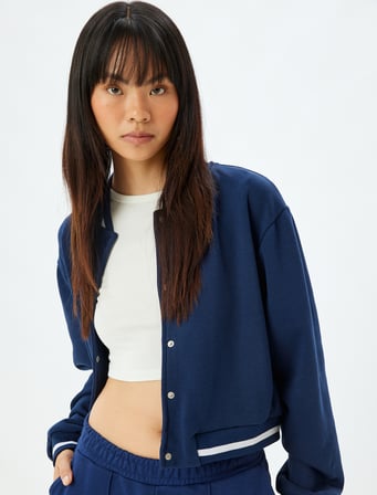 Bomber Yaka Sweatshirt Çıtçıt Düğmeli Biyeli Şardonlu