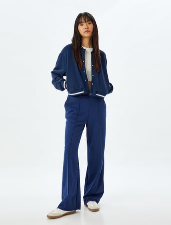 Bomber Yaka Sweatshirt Çıtçıt Düğmeli Biyeli Şardonlu