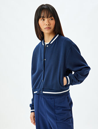 Bomber Yaka Sweatshirt Çıtçıt Düğmeli Biyeli Şardonlu