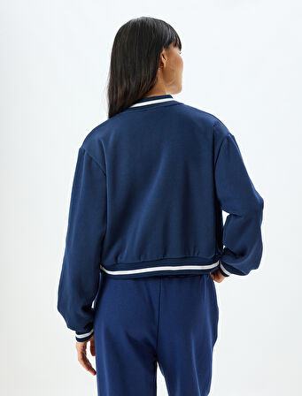 Bomber Yaka Sweatshirt Çıtçıt Düğmeli Biyeli Şardonlu