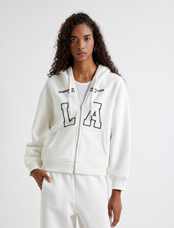 Kapşonlu Oversize Sweatshirt Fermuarlı Baskılı Cepli Üç İplik Şardonlu
