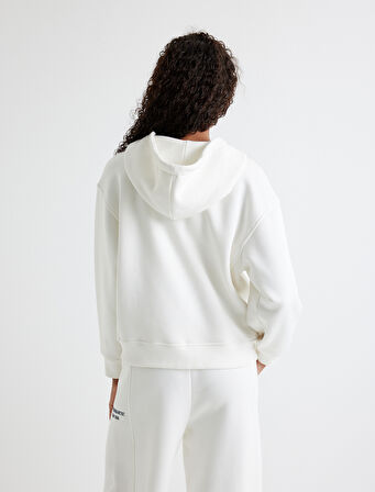 Kapşonlu Oversize Sweatshirt Fermuarlı Baskılı Cepli Üç İplik Şardonlu