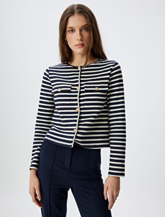 Yuvarlak Yaka Düğmeli Cep Detaylı Hırka