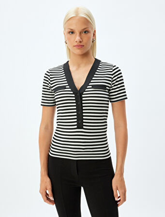 V Yaka Tişört Düğmeli Kısa Kollu Renk Kontrastlı Slim Fit