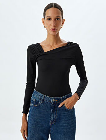 Asimetrik Yaka Bluz Uzun Kollu Slim Fit