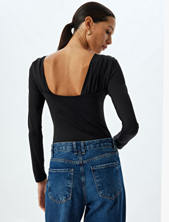 Asimetrik Yaka Bluz Uzun Kollu Slim Fit