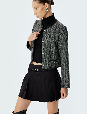 Tüvit Gömlek Ceket Düğmeli U Yaka Cep Detaylı Slim Fit