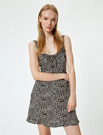 Mini Elbise Leopar Desenli Kolsuz A Kesim Kare Yaka Slim Fit