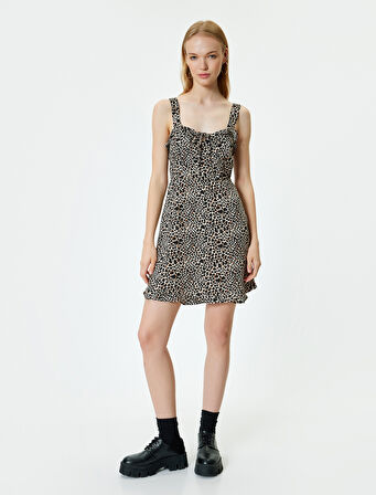 Mini Elbise Leopar Desenli Kolsuz A Kesim Kare Yaka Slim Fit
