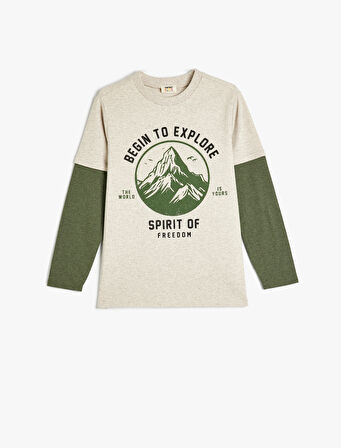 Tişört Slogan Baskı Detaylı Uzun Kollu Bisiklet Yaka 