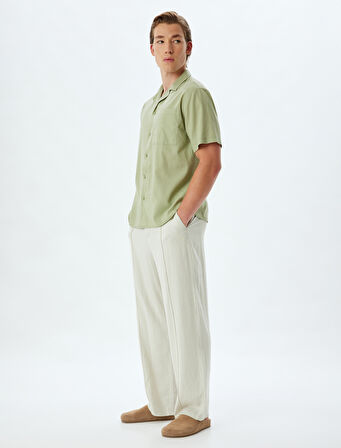 Keten Karışımlı Gömlek Kısa Kollu Basic Cep Detaylı