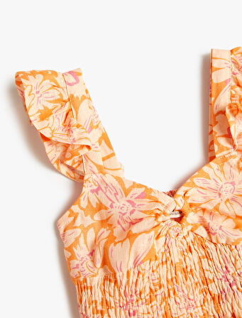 Keten Crop Bluz Kolsuz Çiçekli Gipe Detaylı