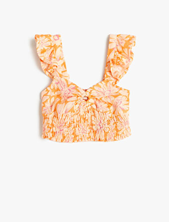 Keten Crop Bluz Kolsuz Çiçekli Gipe Detaylı