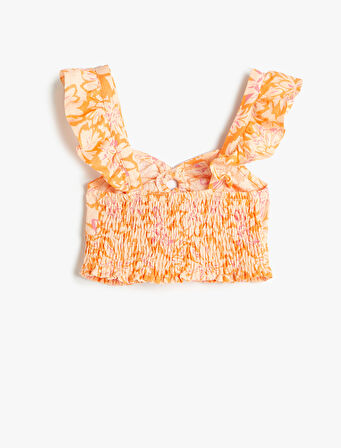 Keten Crop Bluz Kolsuz Çiçekli Gipe Detaylı