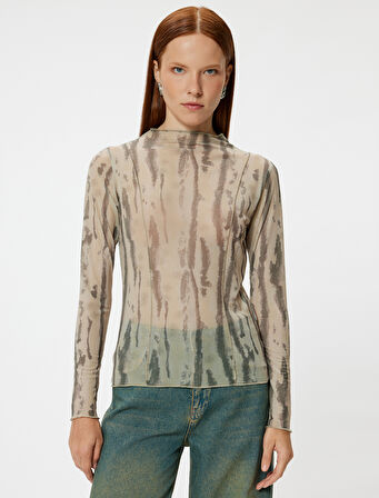 Batik Desenli Tişört Hafif Dik Yaka Uzun Kollu