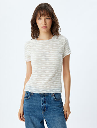 Yarı Transparan Crop Tişört Çizgili Kısa Kollu Yuvarlak Yaka 