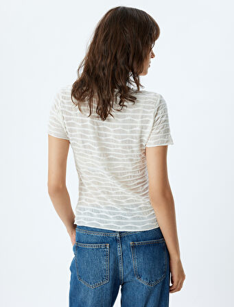 Yarı Transparan Crop Tişört Çizgili Kısa Kollu Yuvarlak Yaka 