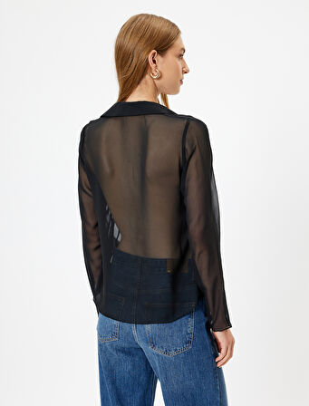 Tül Transparan Gömlek Önden Bağlama Detaylı Uzun Kollu