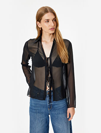 Tül Transparan Gömlek Önden Bağlama Detaylı Uzun Kollu