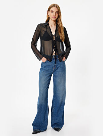 Tül Transparan Gömlek Önden Bağlama Detaylı Uzun Kollu