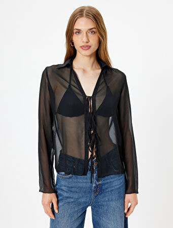 Tül Transparan Gömlek Önden Bağlama Detaylı Uzun Kollu