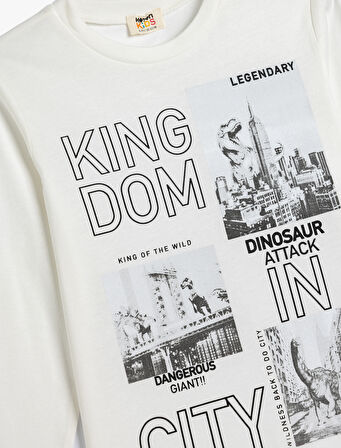 Dinozor Baskılı Uzun Kollu Tişört Bisiklet Yaka Pamuklu