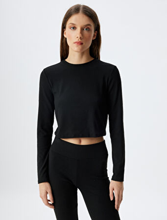 Crop Örme Pijama Üstü Rahat Kalıp Uzun Kollu Bisiklet Yaka