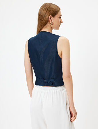 Keten Yelek V Yaka Düğmeli Cepli Astarlı Slim Fit