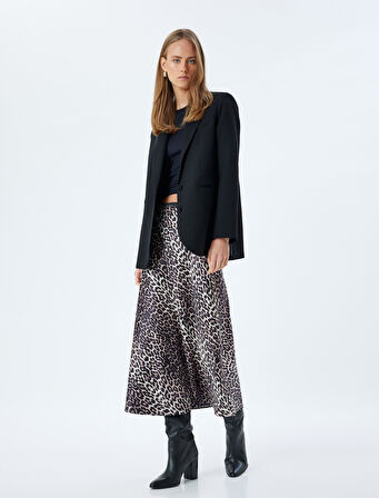 Saten Leopar Etek Midi Boy A Kesim Standart Bel