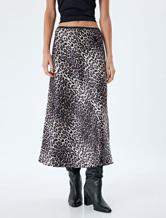 Saten Leopar Etek Midi Boy A Kesim Standart Bel