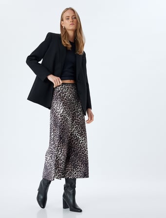 Saten Leopar Etek Midi Boy A Kesim Standart Bel