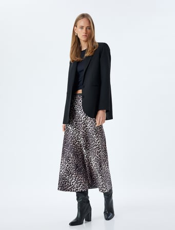 Saten Leopar Etek Midi Boy A Kesim Standart Bel