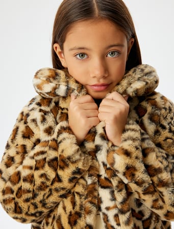 Oversize Bebe Yaka Leopar Mont Suni Kürklü Uzun Kollu 