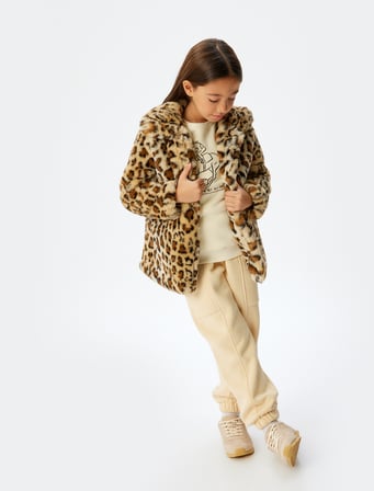 Oversize Bebe Yaka Leopar Mont Suni Kürklü Uzun Kollu 