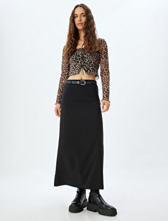 Leopar Desenli Tül Crop Tişört Fiyonklu Uzun Kollu Kare Yaka Slim Fit