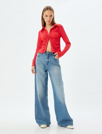 Uzun Kollu Tişört Gömlek Yaka Düğmeli Slim Fit Dokulu