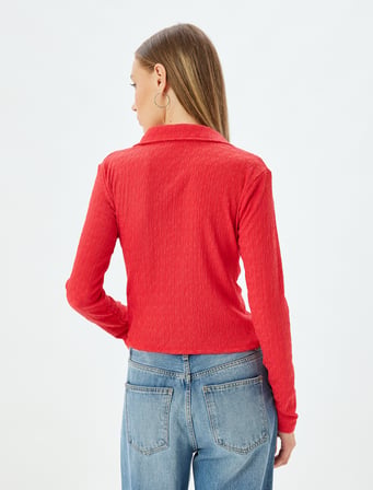 Uzun Kollu Tişört Gömlek Yaka Düğmeli Slim Fit Dokulu