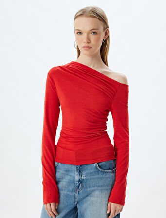 Uzun Kollu Bluz Drapeli Kayık Yaka Omzu Açık Slim Fit