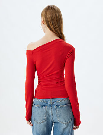 Uzun Kollu Bluz Drapeli Kayık Yaka Omzu Açık Slim Fit