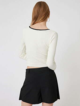 Uzun Kollu Bluz Fiyonk Detaylı Kalp Yaka Biyeli Fitilli Slim Fit
