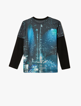 Dinozorlu Tişört Uzun Kollu Bisiklet Yaka 