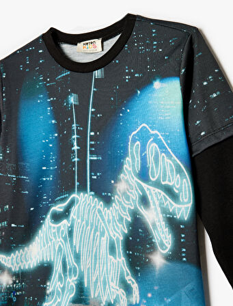 Dinozorlu Tişört Uzun Kollu Bisiklet Yaka 