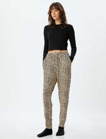 Leopar Baskılı Pijama Altı Havuç Kesim Cepli Rahat Kalıp