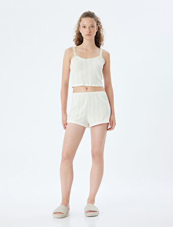 Askılı Crop Pijama Üstü Fırfırlı Pamuklu