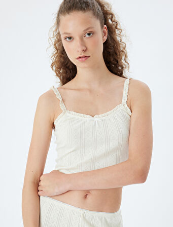 Askılı Crop Pijama Üstü Fırfırlı Pamuklu