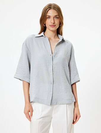 Bol Kalıp Gömlek 3/4 Kısa Kol Klasik Yaka