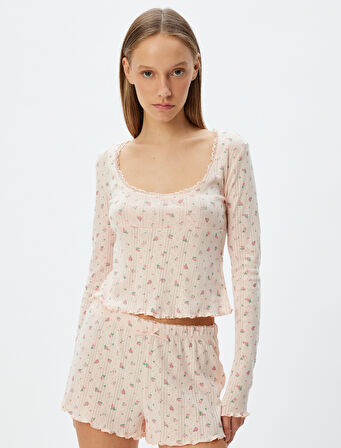 Çiçekli Crop Pijama Üstü Derin Yuvarlak Yaka Uzun Kollu Pamuklu