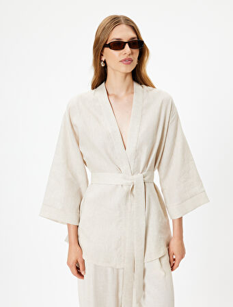 Oversize Keten Kimono Kalça Boy Geniş 3/4 Kol Kuşak Detaylı