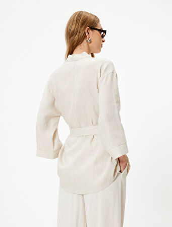 Oversize Keten Kimono Kalça Boy Geniş 3/4 Kol Kuşak Detaylı